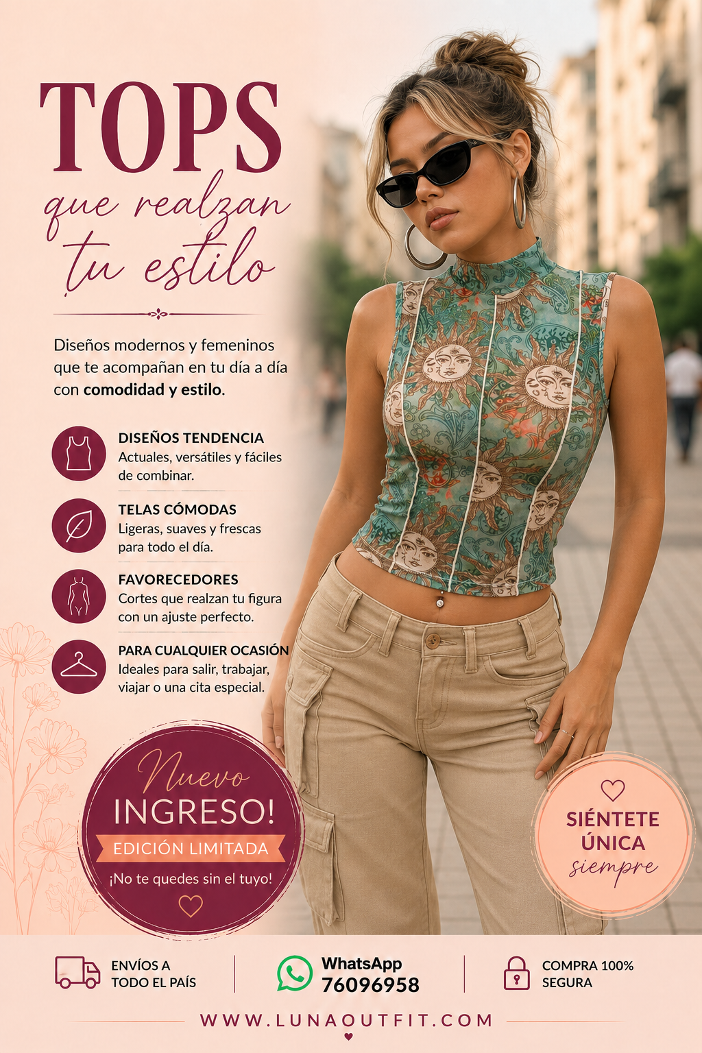 Top con estampado, cuello alto, talla S