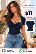 Camisa elegante de mujer color liso, azul cuello redondo. Talla L