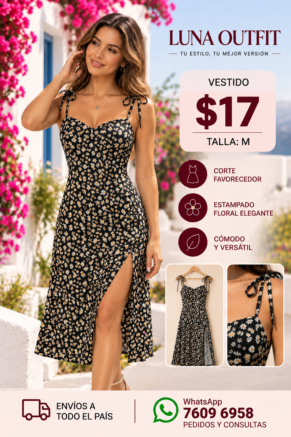 Vestido con estampado floral de margarita, talla M.