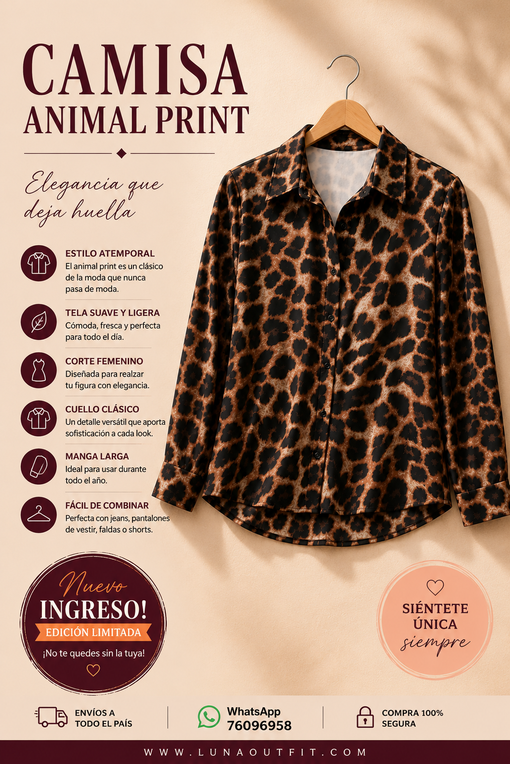Camisa elegante de mujer manga larga con estampado clásico de leopardo. Talla S