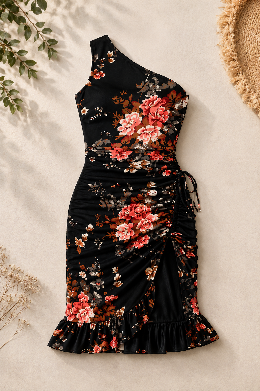 Vestido largo con estampado floral, talla L.