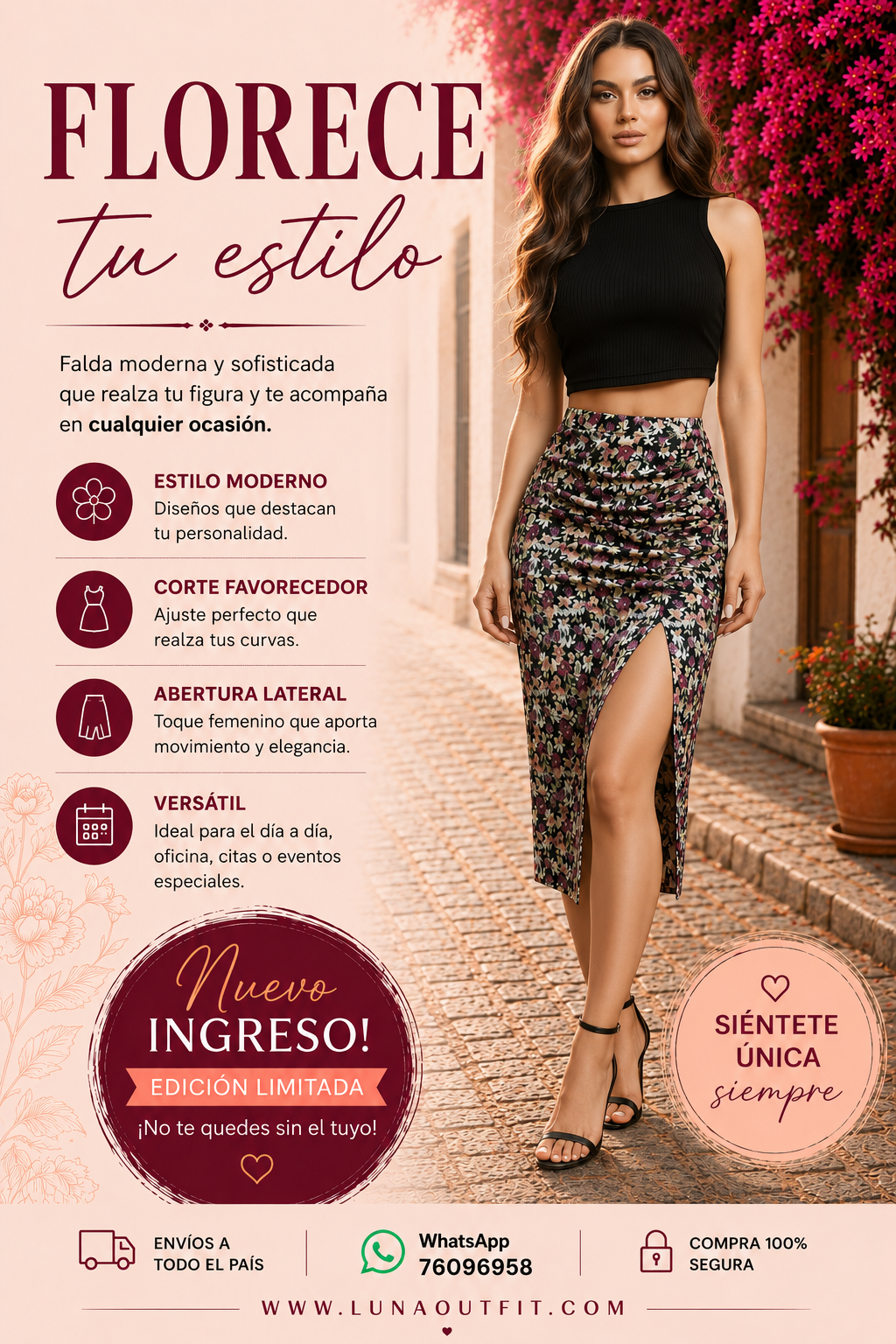 Falda con estampado floral con abertura de muslo