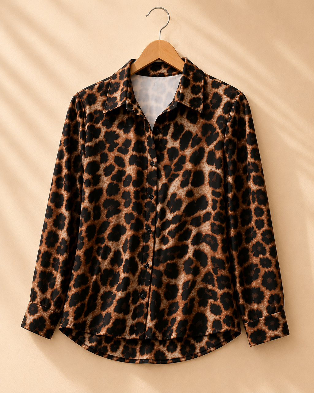 Camisa elegante de mujer manga larga con estampado clásico de leopardo. Talla S