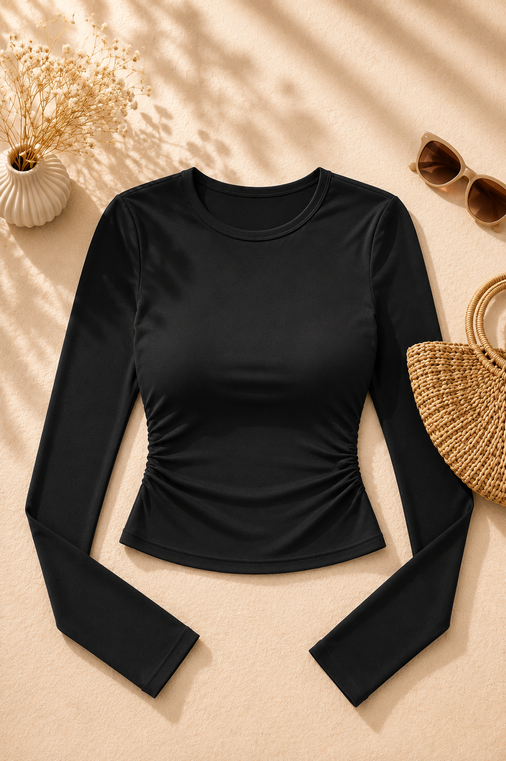 Camiseta para dama, cuello redondo y manga larga ajustada, talla M