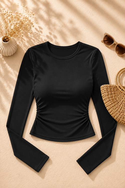 Camiseta para dama, cuello redondo y manga larga ajustada, talla M