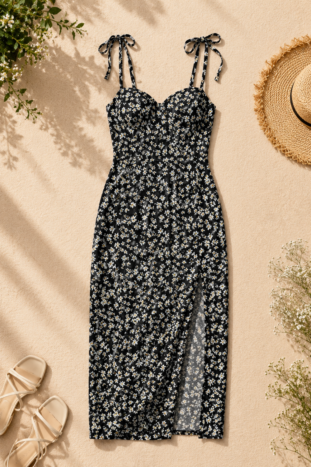 Vestido con estampado floral de margarita, talla M.