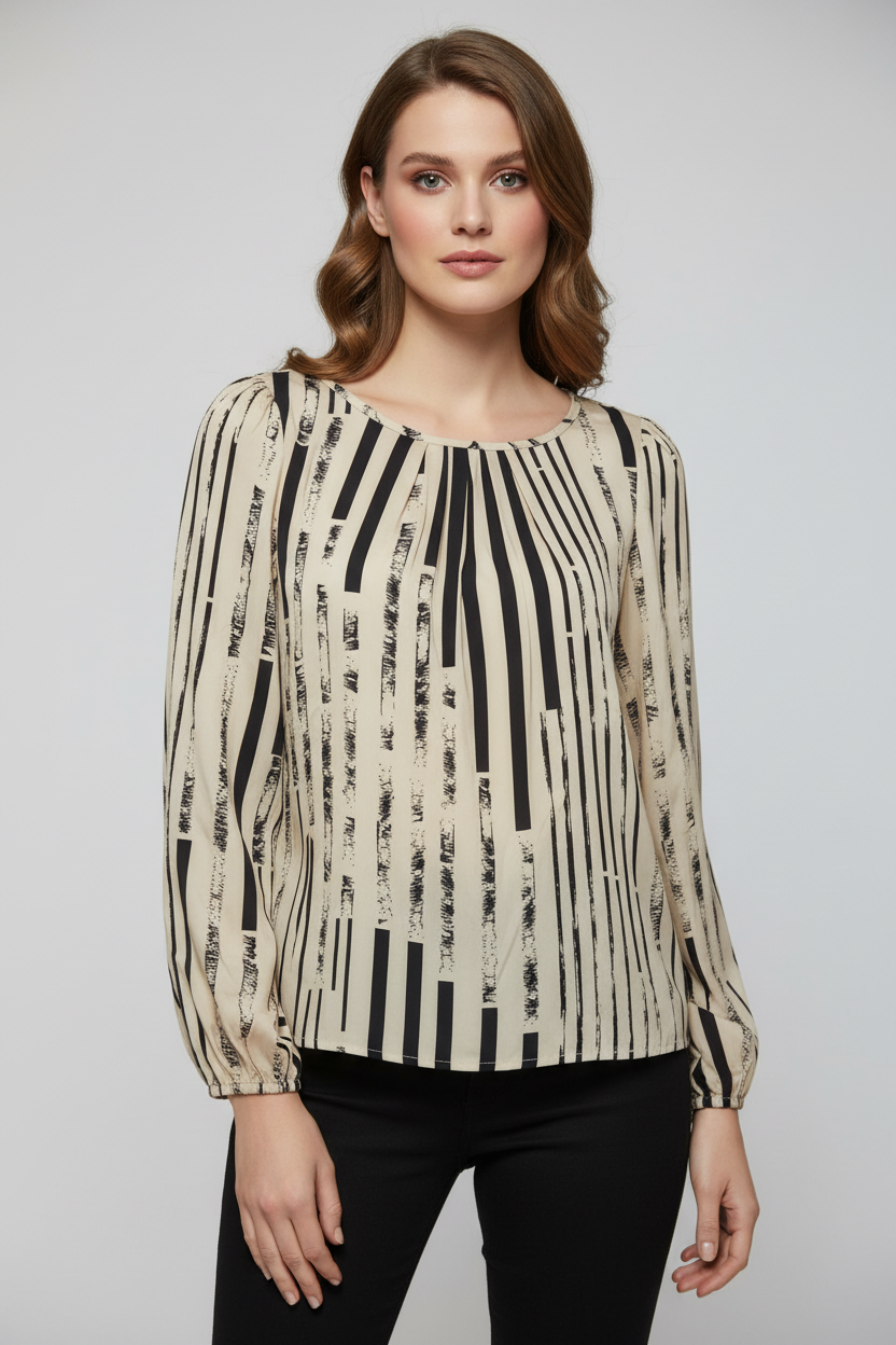 Blusa de manga de farol con estampado, manga larga, cuello redondo. Talla M