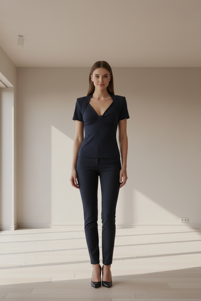 Camisa elegante de mujer color liso, azul cuello redondo. Talla L