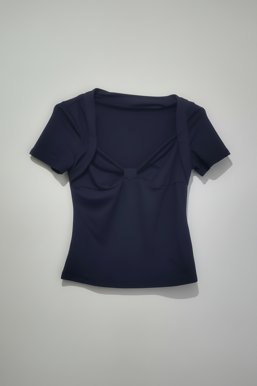 Camisa elegante de mujer color liso, azul cuello redondo. Talla L