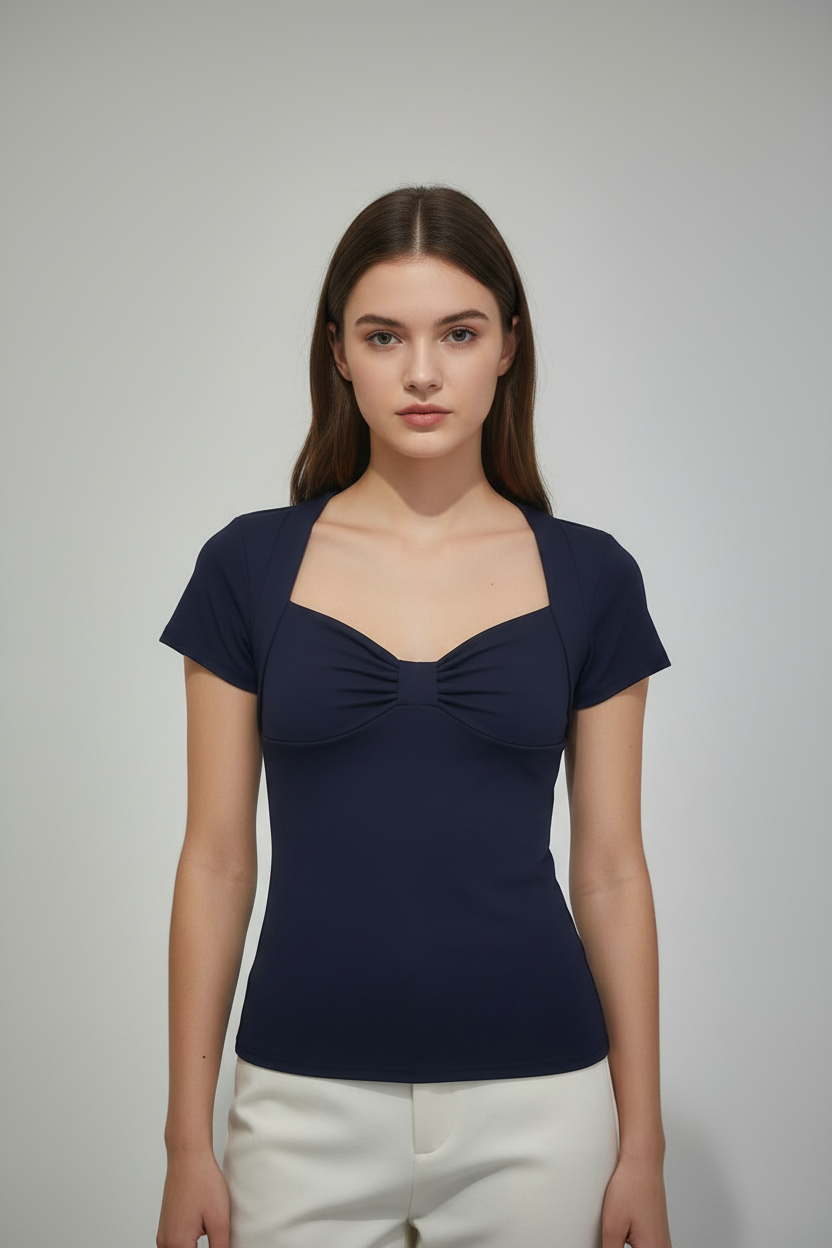 Camisa elegante de mujer color liso, azul cuello redondo. Talla L