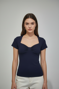Camisa elegante de mujer color liso, azul cuello redondo. Talla L