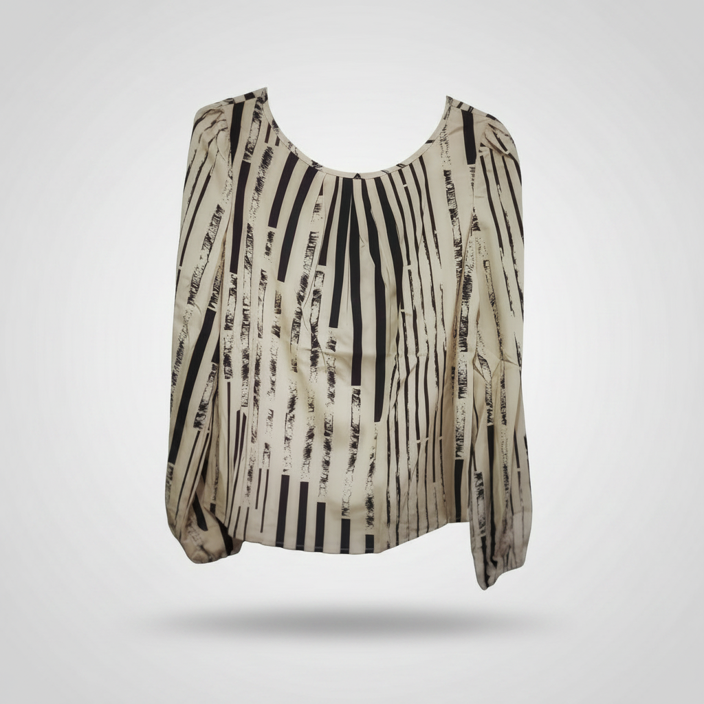 Blusa de manga de farol con estampado, manga larga, cuello redondo. Talla M