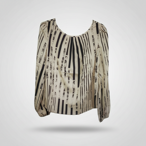 Blusa de manga de farol con estampado, manga larga, cuello redondo. Talla M
